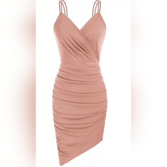 Sexy V Neck Ruched Bodycon Dress Spaghetti Strap Stretchy XL Nude Pink - Picture 1 of 12